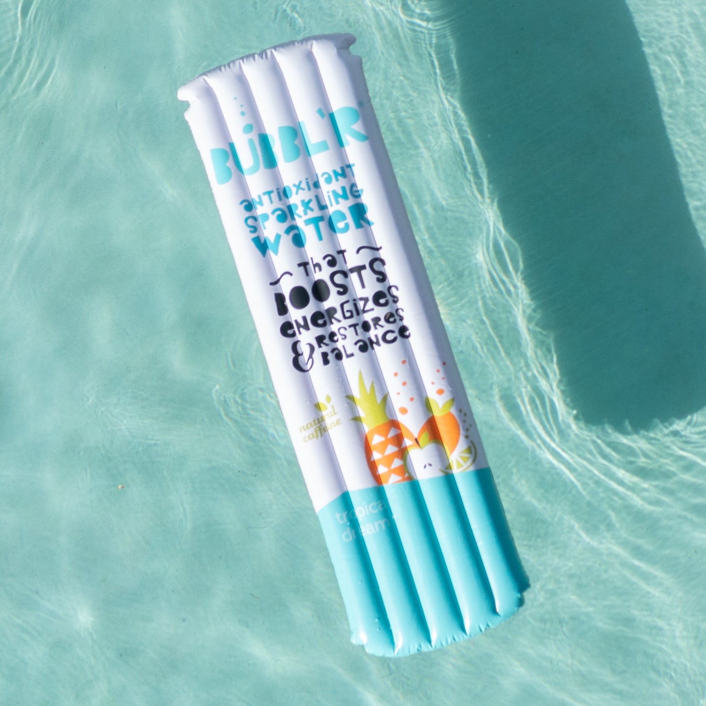 White inflatable pool float resembling light blue bubbl'r can