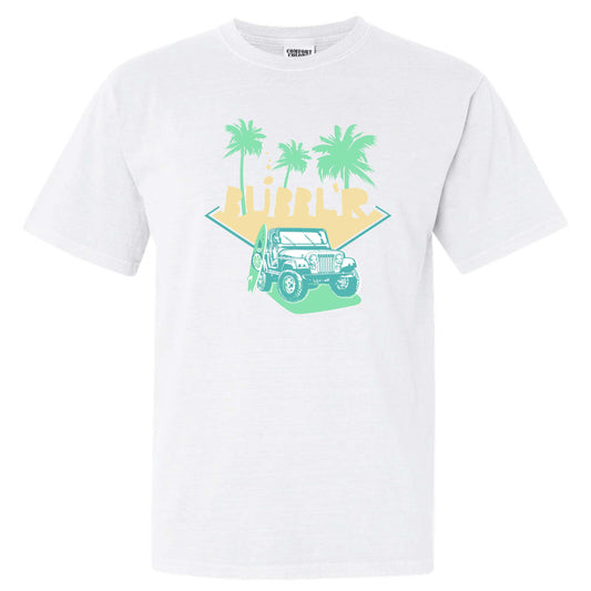 white tee with light green, teal and yellow beach jeep design