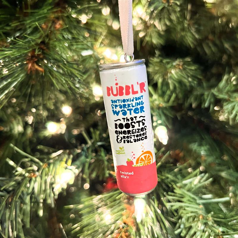 ornament designed like the twisted elix'r bubbl'r can hanging from christmas tree.