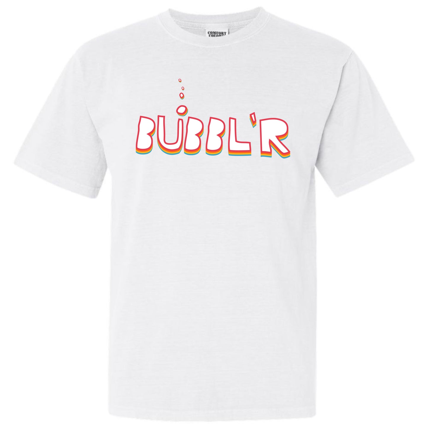 white tee with rainbow bubbl'r logo