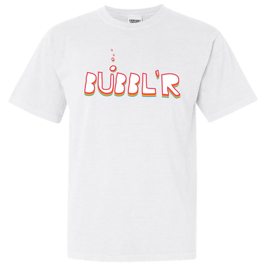 white tee with rainbow bubbl'r logo