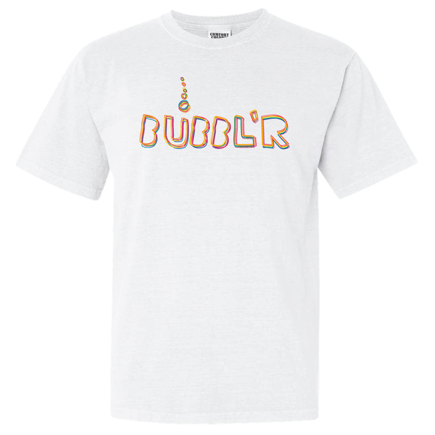 white tee with rainbow scribble bubbl'r logo