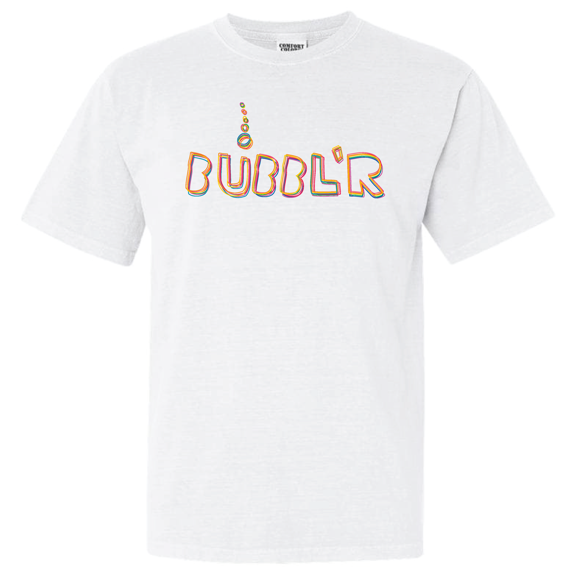 white tee with rainbow scribble bubbl'r logo