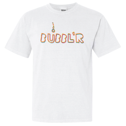 white tee with rainbow scribble bubbl'r logo
