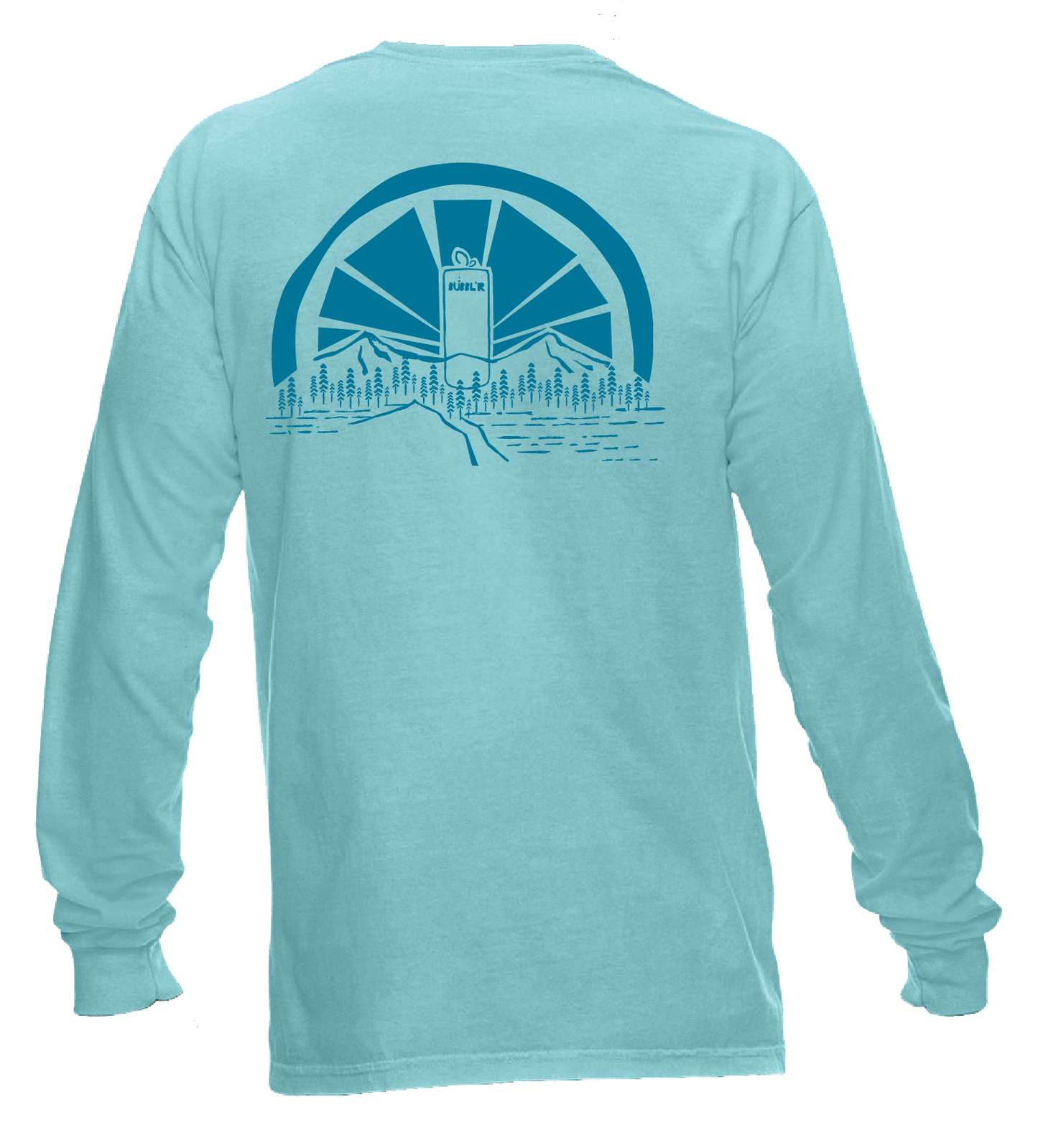 mint long sleeve with blue full back imprint of mountain sunrise and bubbl'r can