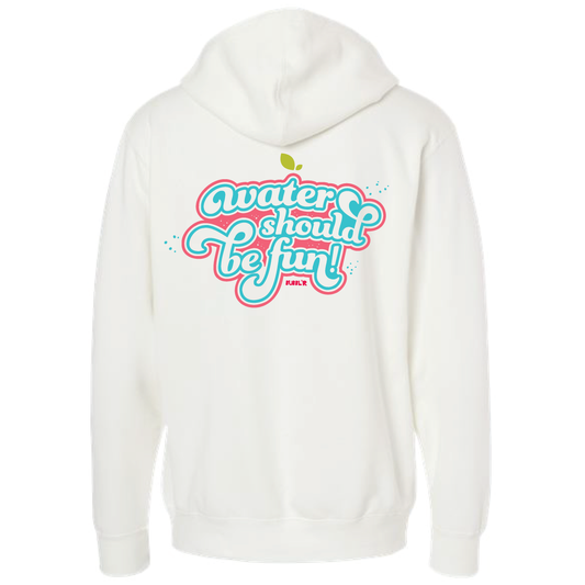 back of a white hoodie with a pink and blue decal that says "water should be fun"