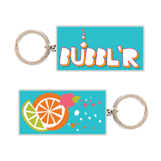 Teal keychain with Bubbl'r logo and fruit