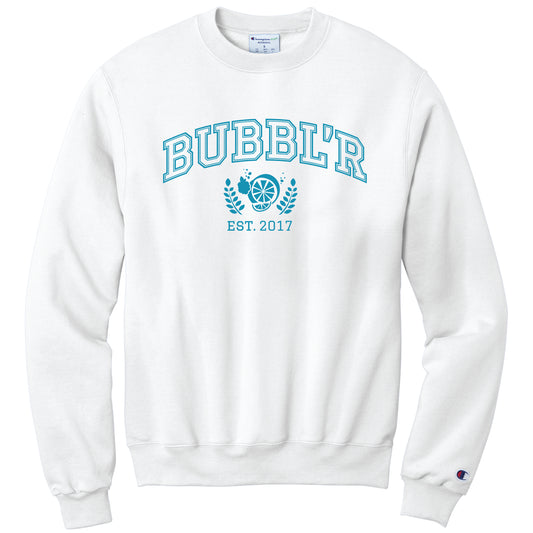 white crew neck with blue college lettering
