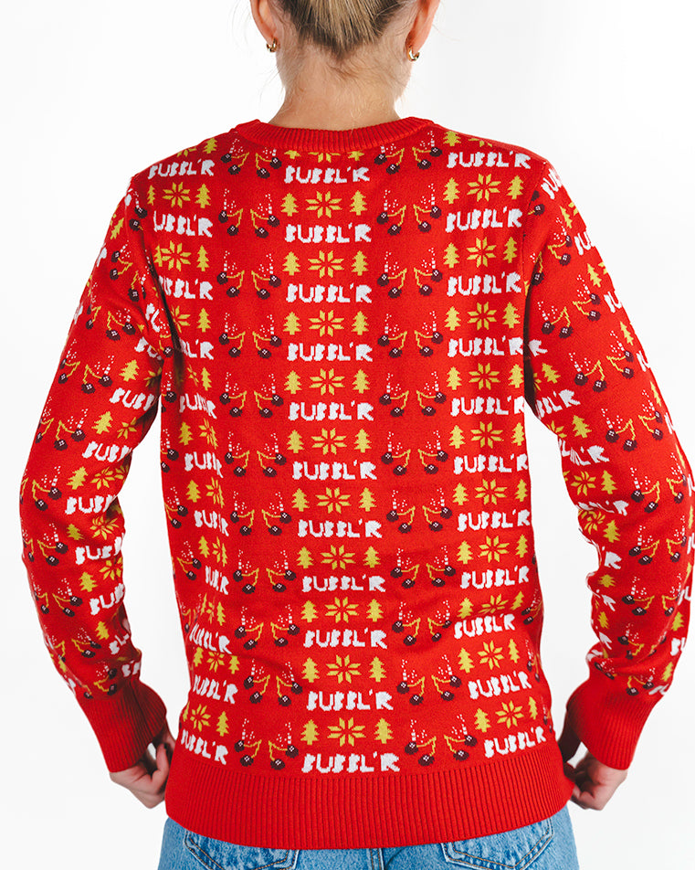 Red holiday sweater with bubbl'r knit