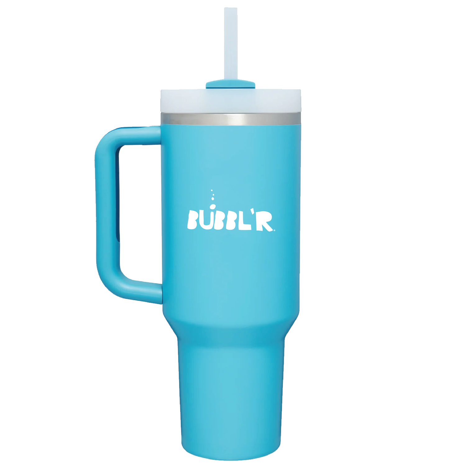 Tall aqua tumbler with white bubbl'r logo in center