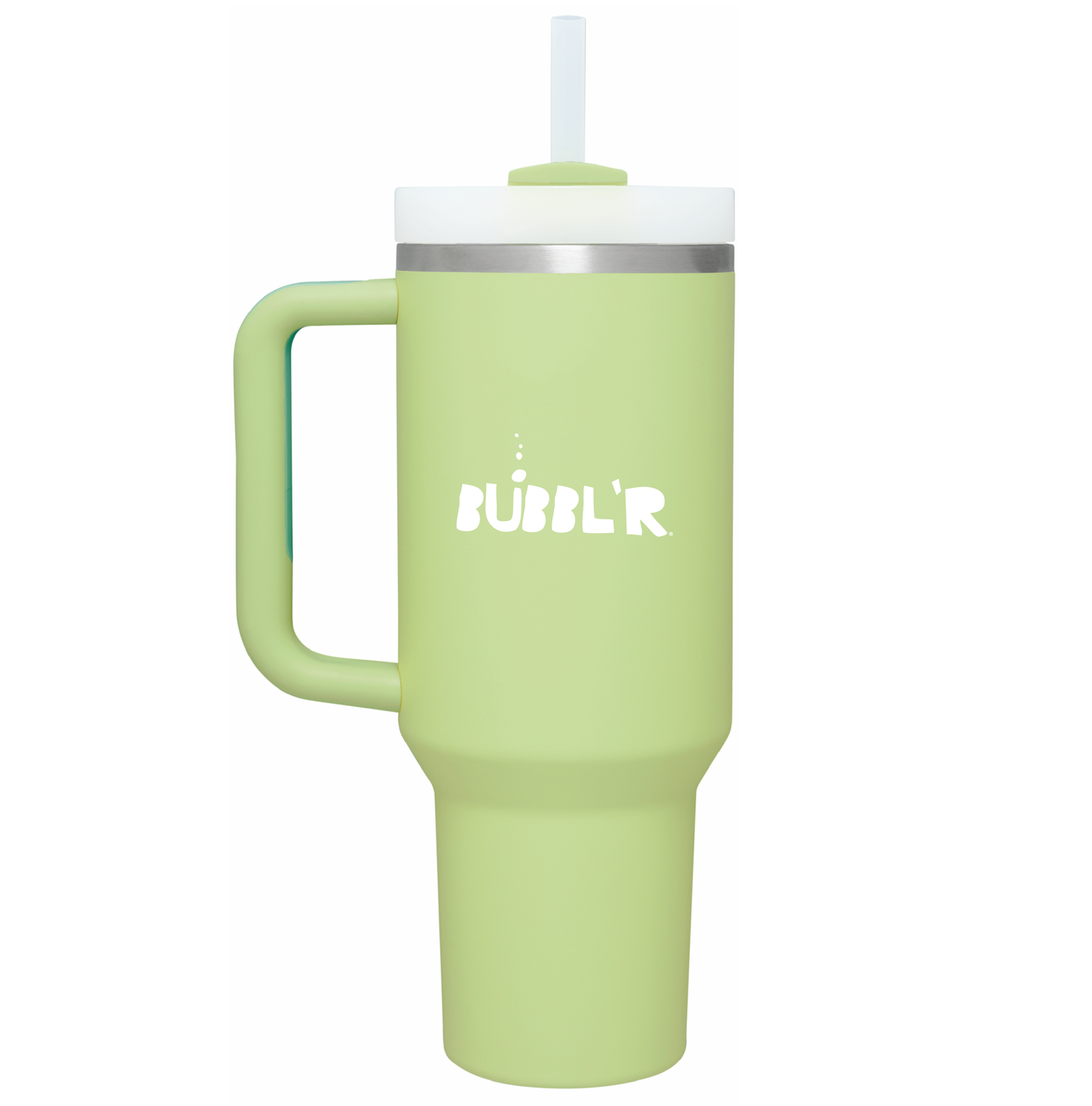 Tall lime tumbler with white bubbl'r logo in center