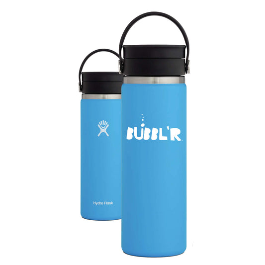 blue hydro flask bottle with white bubbl'r logo