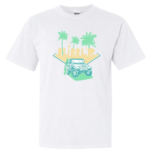 white tee with light green, teal and yellow beach jeep design