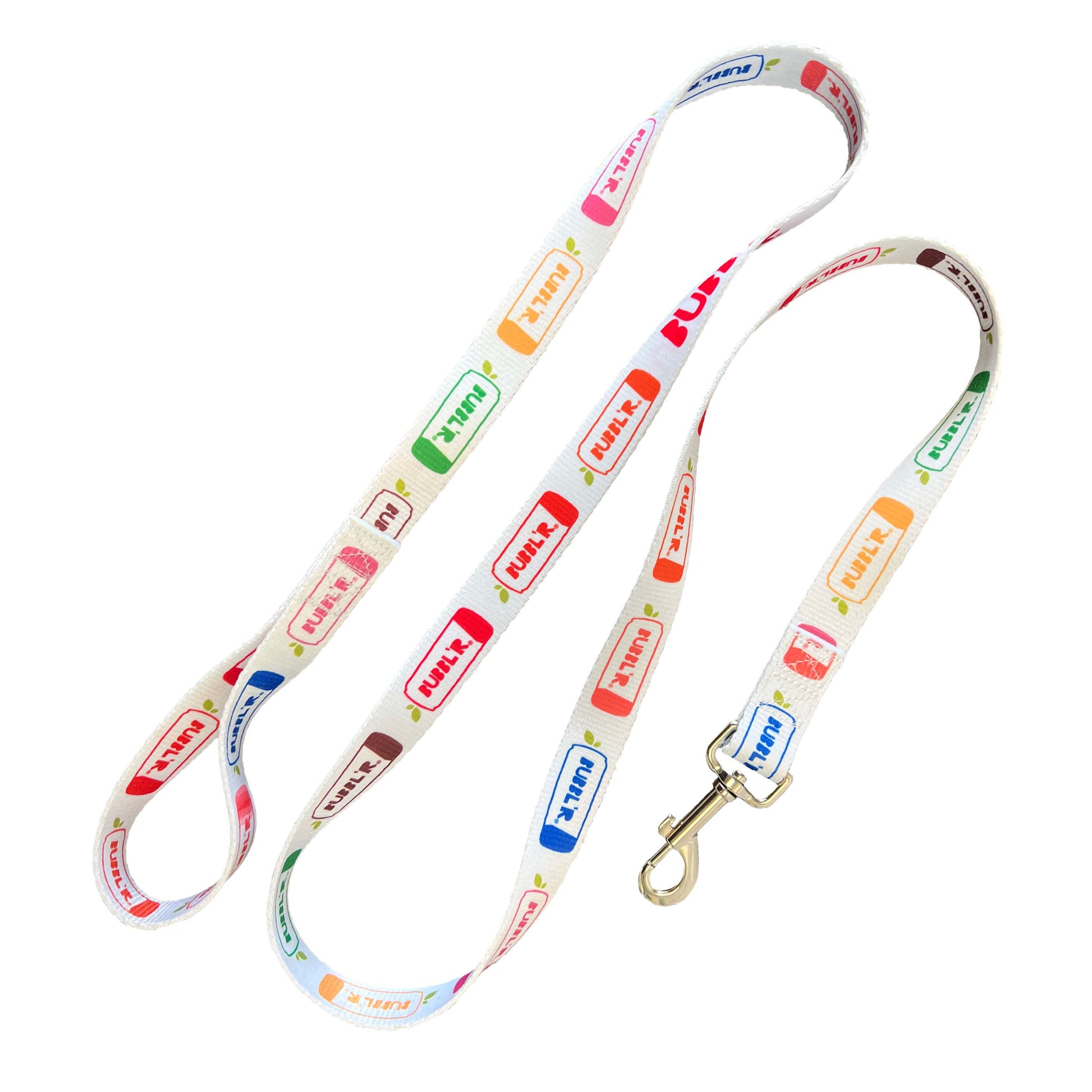 primarily white leash with multicolor bubbl'r can decals repeating