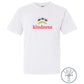 white tee with triple berry decals above the words "radiate kindness"