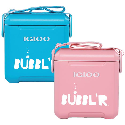 two square coolers, one pink and one blue with white bubbl'r logos