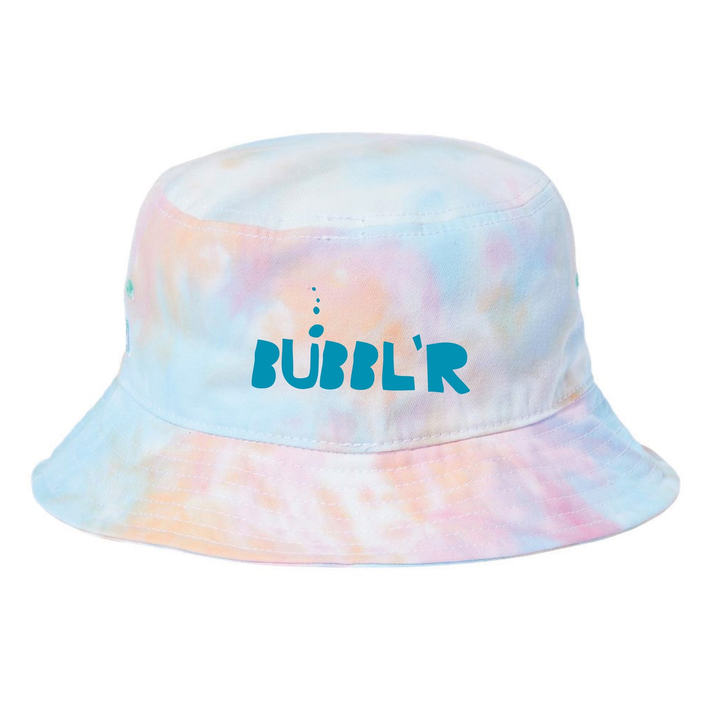 tie dye pastel bucket hat with cyan bubbl'r logo on front