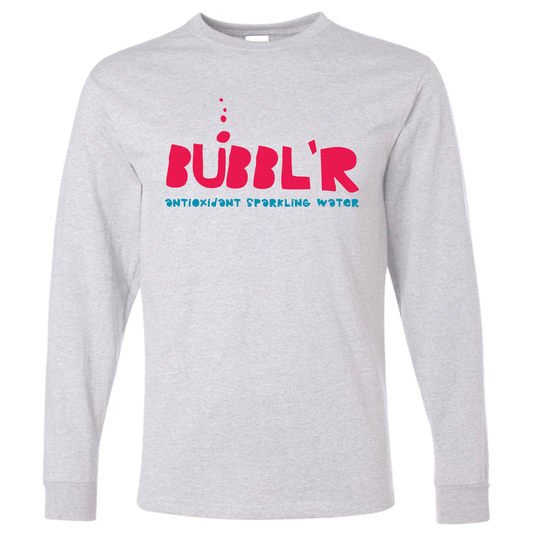 white long sleeve tee with magenta and cyan bubbl'r logo