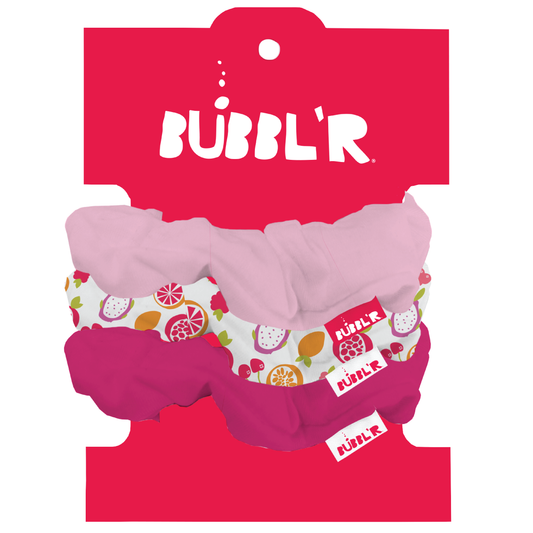 pack of three scrunchies, light pink, bubbl'r fruit pattern and deeper magenta all with bubbl'r tags.