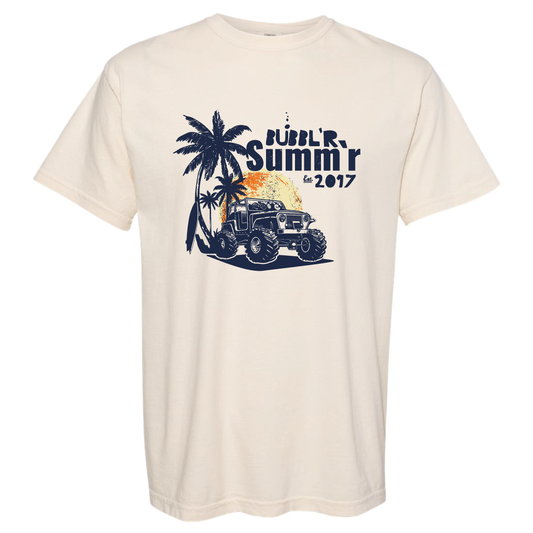 tan tee with dark blue and orange jeep design saying "bubbl'r summ'r est 2017"