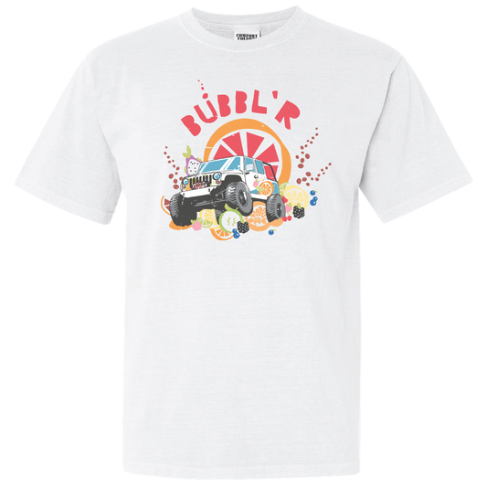 White tee with multicolor jeep and fruit design on font underneath large pink bubbl'r logo