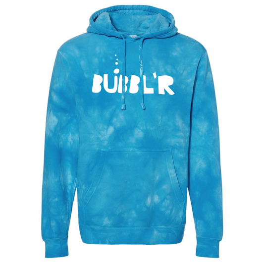 tie dye blue and light blue hoodie with white large bubbl'r logo
