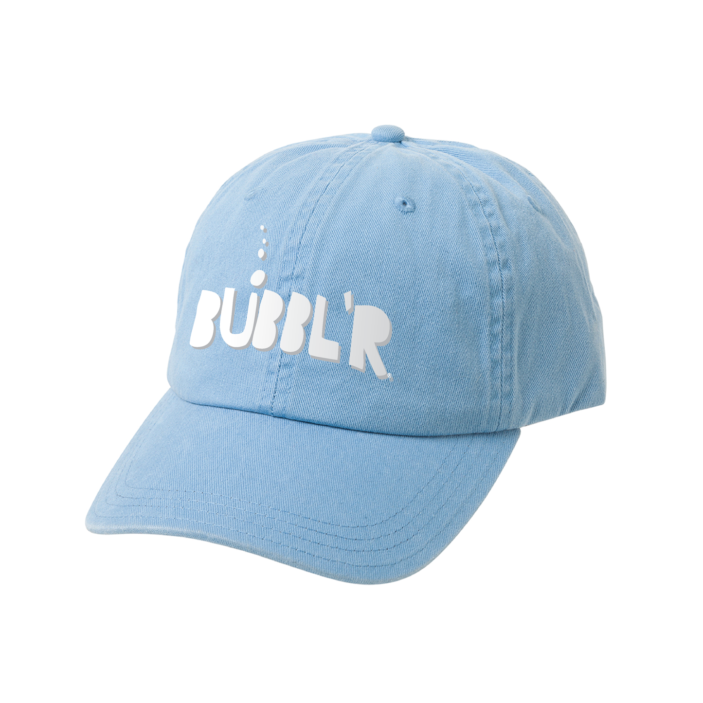 a blue baseball cap with the bubbl'r logo across the front