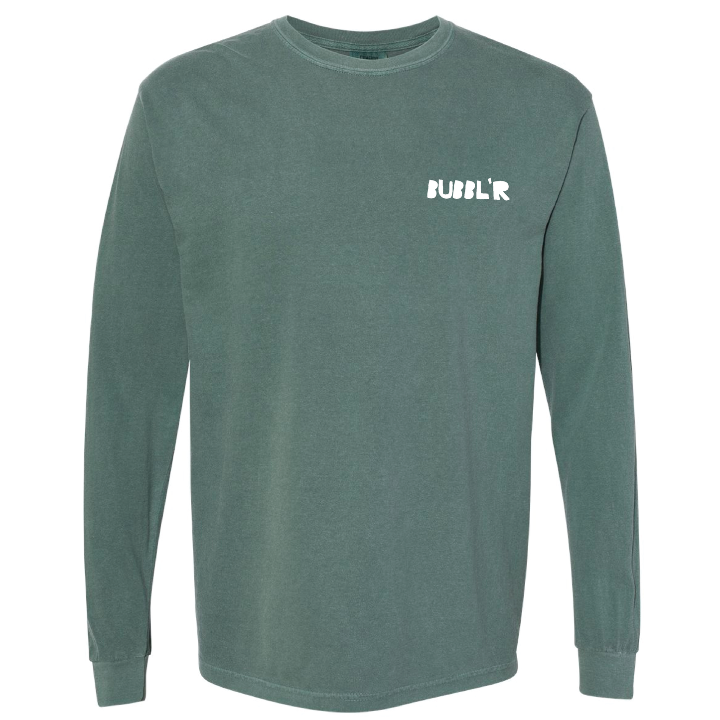 dark teal long tee with white bubbl'r logo on left chest