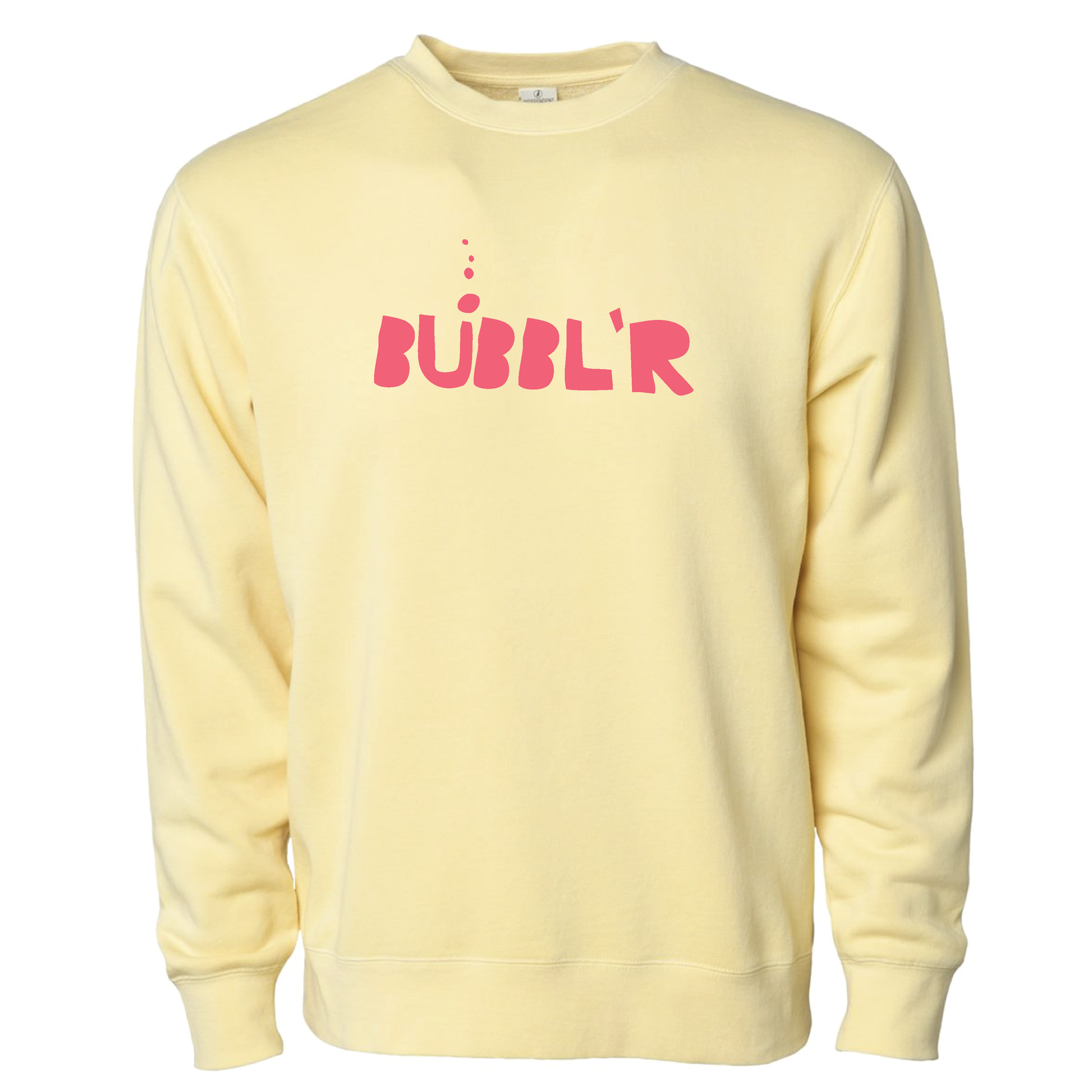 yellow sweater with pink bubbl'r logo
