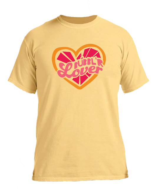yellow shirt with orange and red heart with pink lettering saying bubbl'r lover inside it