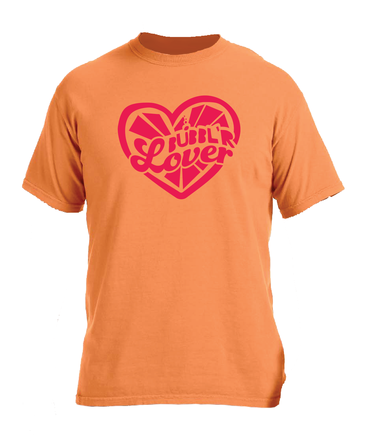 orange shirt with orange and red heart with pink lettering saying bubbl'r lover inside it