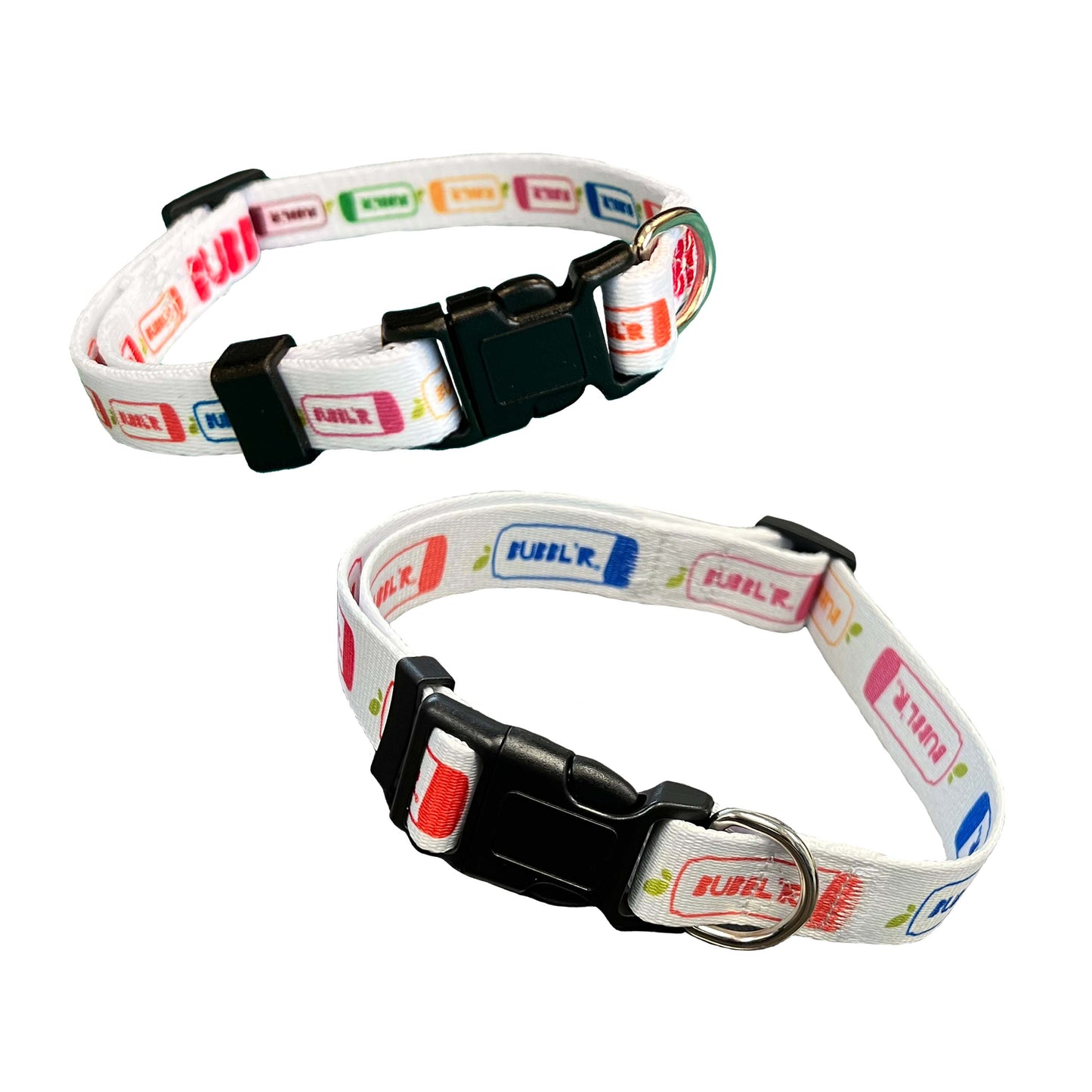 two dog collars with a rainbow can pattern and black clasps