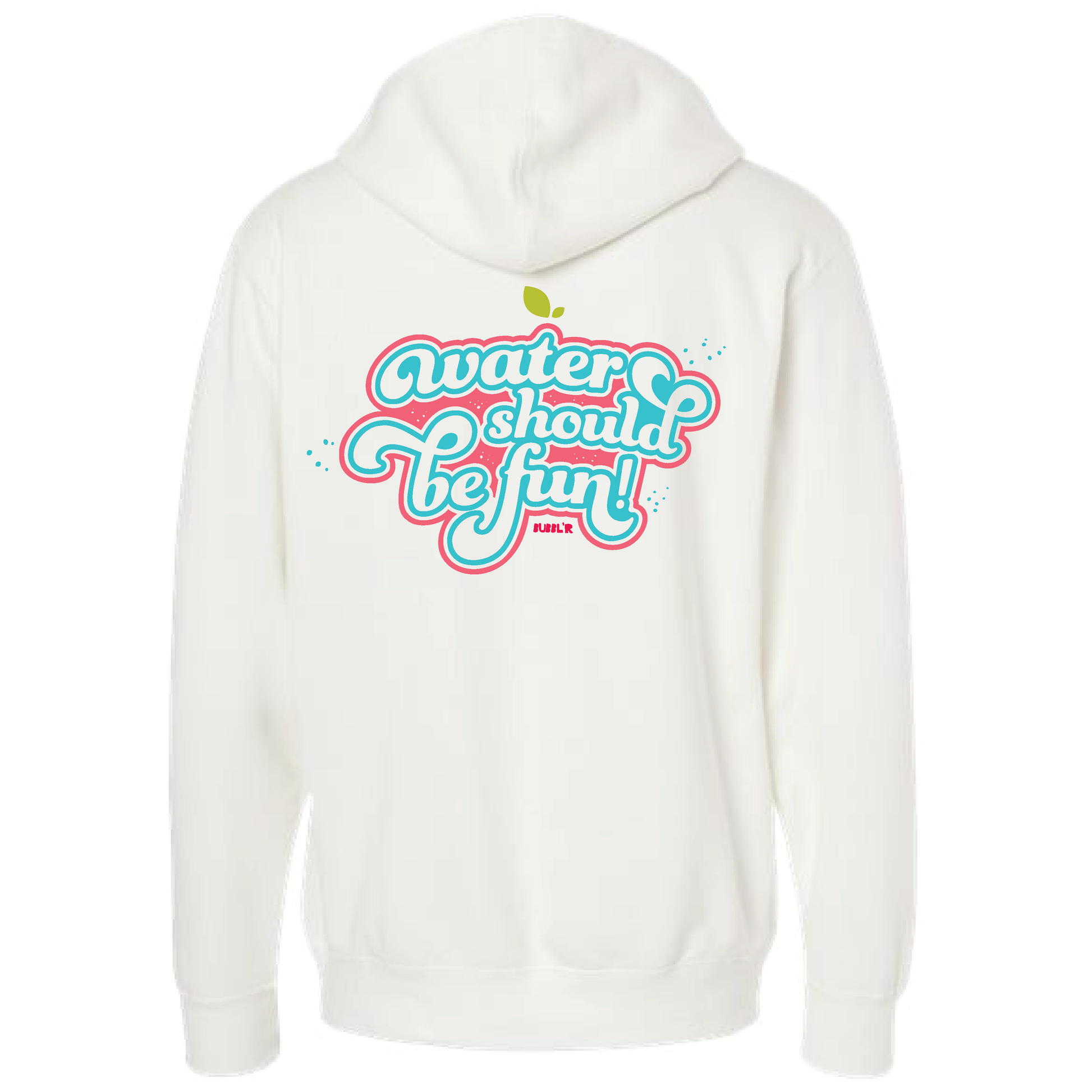 back of a white hoodie with a pink and blue decal that says "water should be fun"
