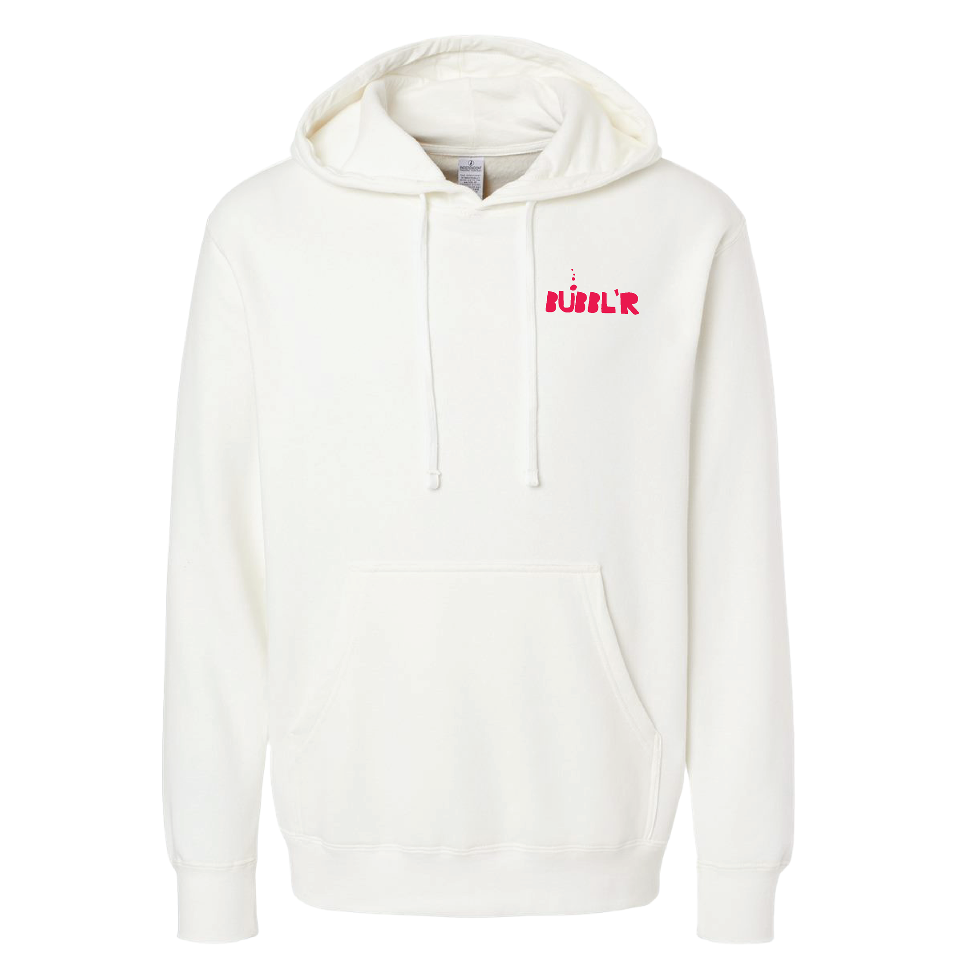 front of a white hoodie with a small magenta bubbl'r logo on the left chest