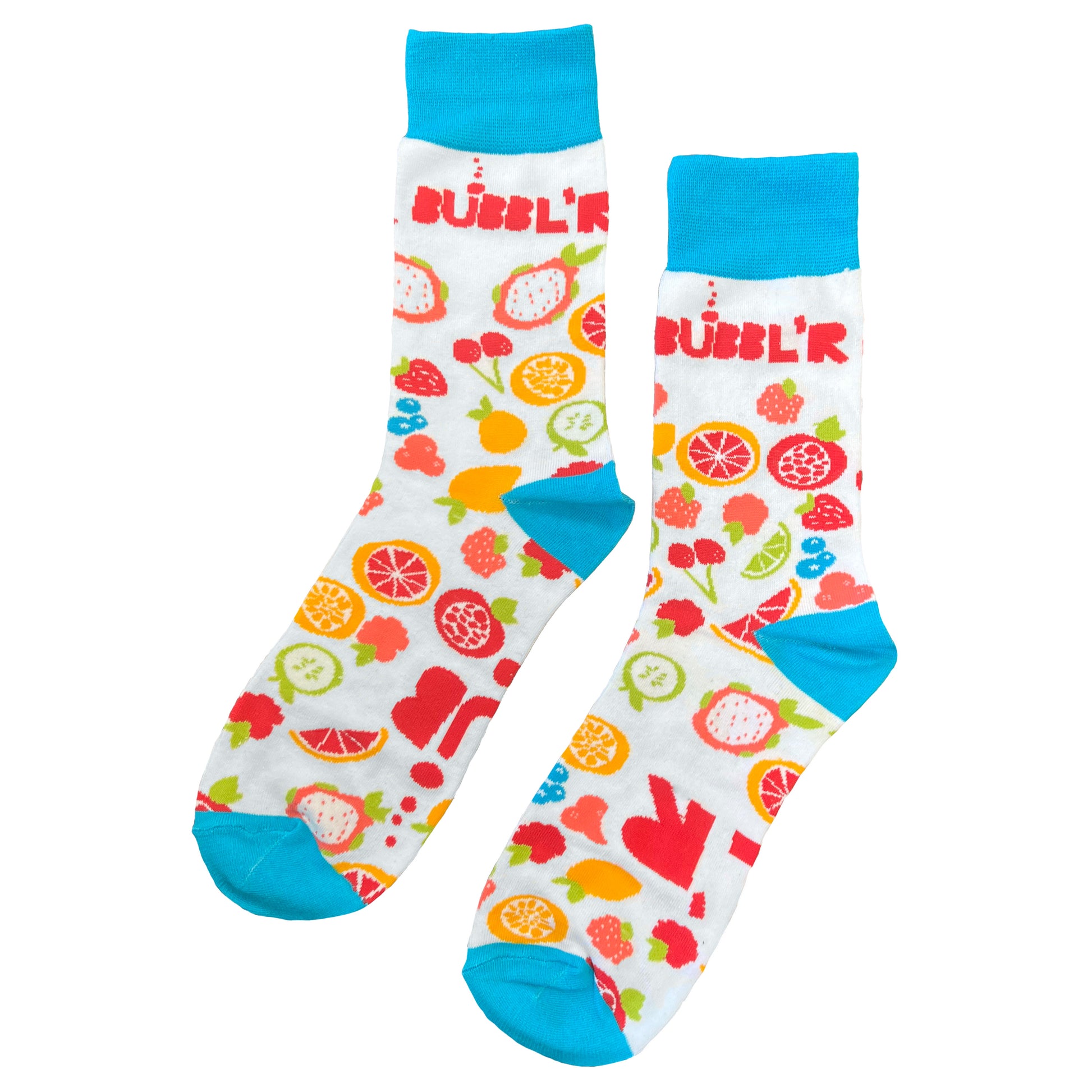 white socks with multicolor fruit pattern and red bubbl'r logo, teal cuff, heel and toes